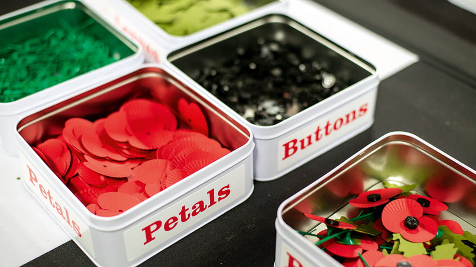 Petals and buttons used to make remembrance poppies